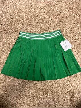 Green Pleated Tennis Skirt with Striped Waistband